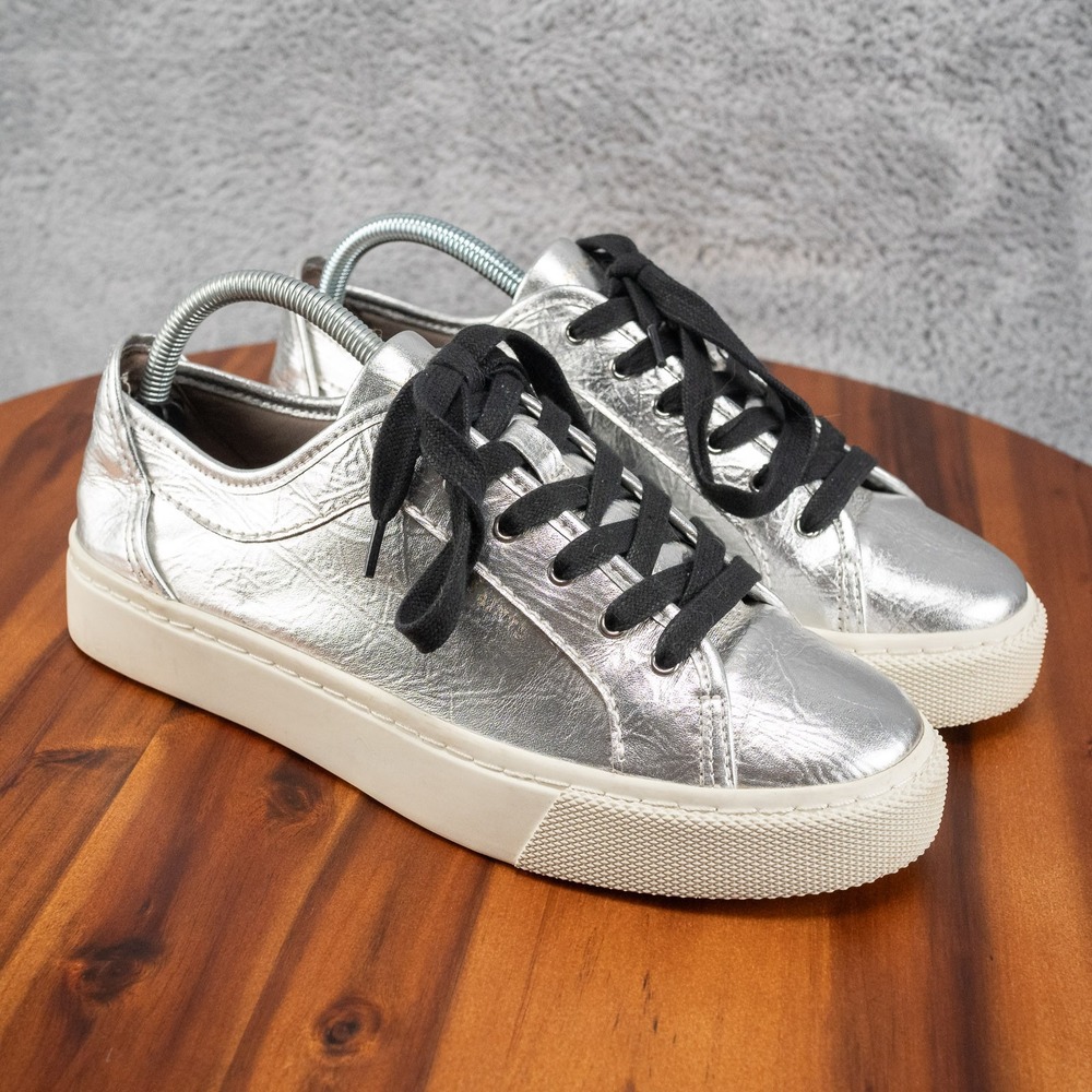 ALLSAINTS Shana Metallic Silver Low Top Shoes Trainers Sneaker Sz 10 Lace Up